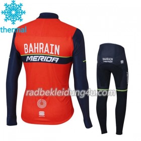 Set Langarmtrikot + Radhose Lange 2017 Bahrain-Merida Kinder Winter Thermal Fleece N001